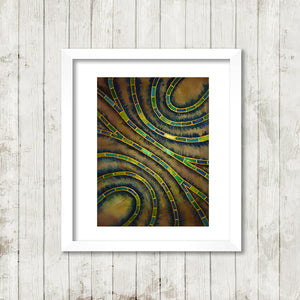 Pearl Swirls, Fine Art Print Framed, Blue and Green chains of pearls on a brown background, from an original painting by Beata Dagiel