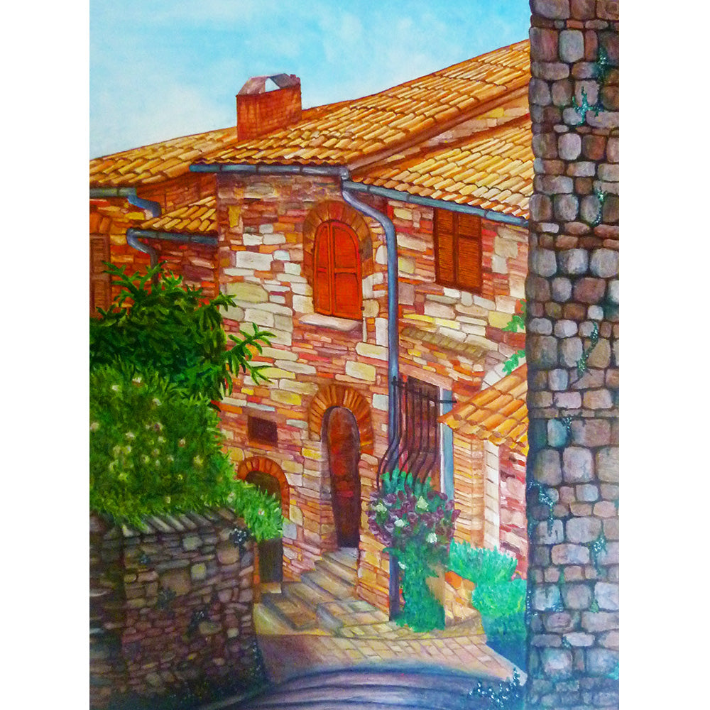 Assisi Street Italy, old Italian Street in sun, Fine art print, original painting by Beata Dagiel