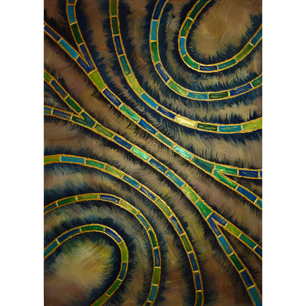 Pearl Swirls, Fine Art Print, Blue and Green chains of pearls on a brown background, from an original painting by Beata Dagiel