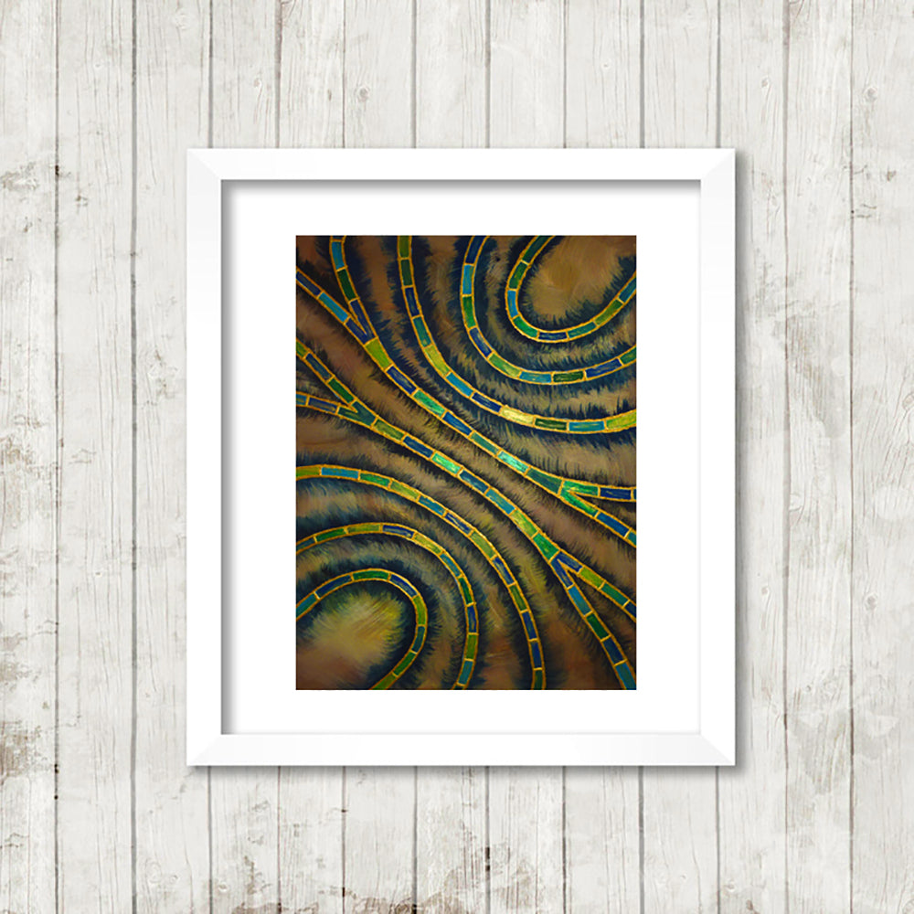 Pearl Swirls, Fine Art Print Framed, Blue and Green chains of pearls on a brown background, from an original painting by Beata Dagiel